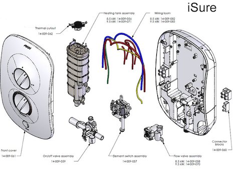 AKW iSure electric shower spares spares breakdown diagram