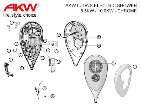 AKW Luda S Electric Shower 10.0kW - Chrome (23180CH) spares breakdown diagram