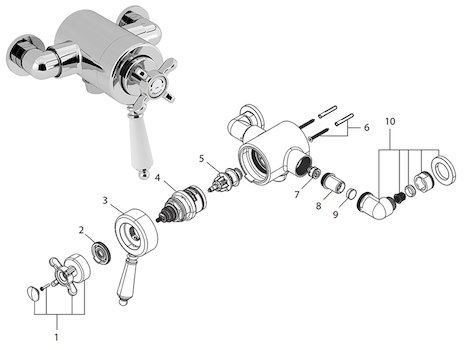 Bristan 1901 thermostatic exposed dual control shower valve (bottom outlet) (N2 CSHXVO) spares breakdown diagram