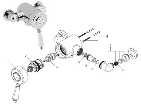 Bristan 1901 thermostatic exposed single control shower - bottom outlet (N2 SQSHXVO C) spares breakdown diagram