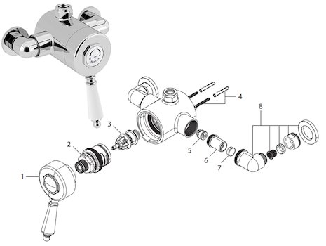 Bristan 1901 thermostatic exposed single control shower valve - top outlet (N2 SQSHXTVO C) spares breakdown diagram