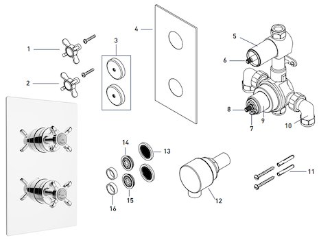 Bristan 1901 thermostatic recessed dual control shower valve (N2 SHCVO) spares breakdown diagram