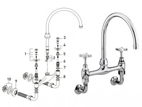 Bristan 1901 Wall Mounted Bridge Sink Mixer - Chrome (N WMDSM C) spares breakdown diagram