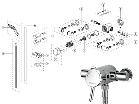 Bristan Acute exposed single control mini valve with adjustable riser kit (AE SHXAR C) spares breakdown diagram