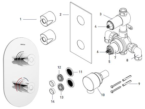 Bristan Artisan Recessed Thermostatic Dual Control Shower Valve - Chrome (AR3 SHCVO C) spares breakdown diagram