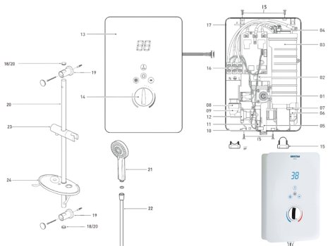 Bristan Bliss Electric Shower 10.5kW - White (BL3105 W) spares breakdown diagram