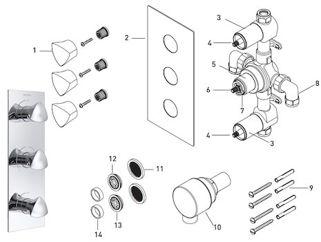 Bristan Bright recessed three handle control shower valve with integral twin stopcocks (BRG SHC3STP C) spares breakdown diagram