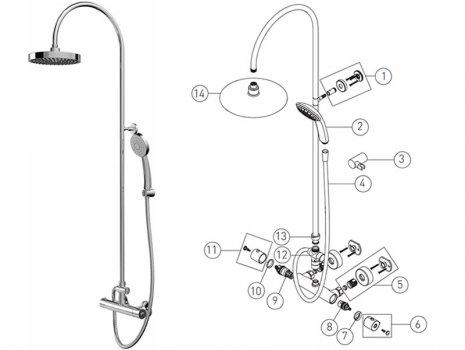 Bristan Buzz bar shower mixer with rigid riser (BUZ SHXDIVCTFF C) spares breakdown diagram