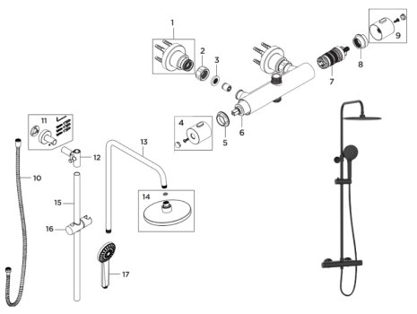 Bristan Buzz Thermostatic Bar Shower With Rigid Riser - Black (BUZ SHXDIVCTFF BLK) spares breakdown diagram