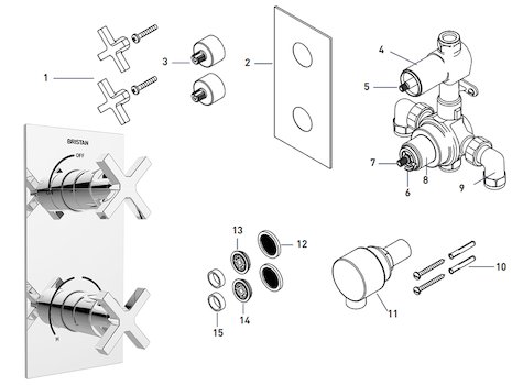 Bristan Casino thermostatic recessed dual control shower valve (CAS SHCVO C) spares breakdown diagram