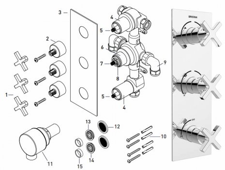 Bristan Casino recessed 3 handle shower valve with integral twin stopcocks (CAS SHC3STP C) spares breakdown diagram