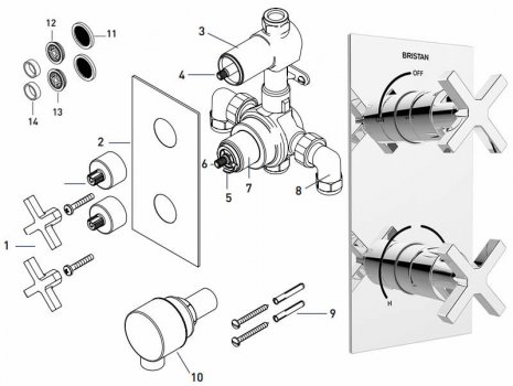 Bristan Casino recessed dual control shower valve with integral two outlet diverter (CAS SHCDIV C) spares breakdown diagram