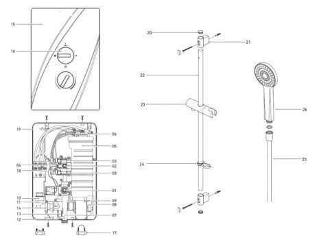 Bristan Cheer Electric Shower 8.5kW - White (CHE85 W) spares breakdown diagram