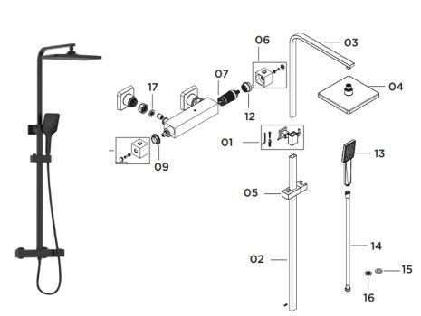 Bristan Craze Adjustable Rigid Riser Diverter Bar Shower - Black (CRZ SHXDIVCTFF BLK) spares breakdown diagram