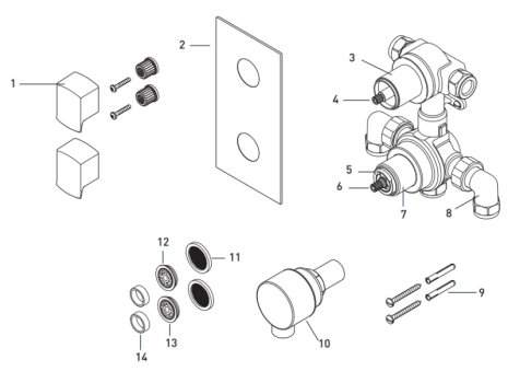 Bristan Descent Thermostatic Shower Pack With Fixed Head & Wall Outlet Handset (DESCENT SHWR PK2) spares breakdown diagram