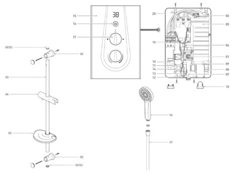 Bristan Glee Electric Shower 10.5kW - Black (GLE3105 B) spares breakdown diagram