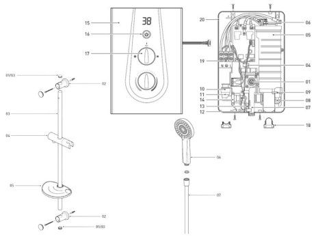 Bristan Glee Electric Shower 8.5kW - Black (GLE385 B) spares breakdown diagram