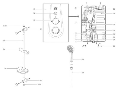 Bristan Glee Electric Shower 9.5kW - Black (GLE395 B) spares breakdown diagram