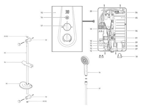 Bristan Glee Electric Shower 9.5kW - White (GLE395 W) spares breakdown diagram