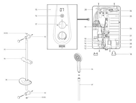 Bristan Joy Thermostatic Electric Shower 8.5kW - Metallic Silver (JOYT385 MS) spares breakdown diagram