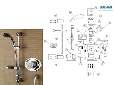 Bristan Pisa recessed thermostatic mixer shower spares breakdown diagram