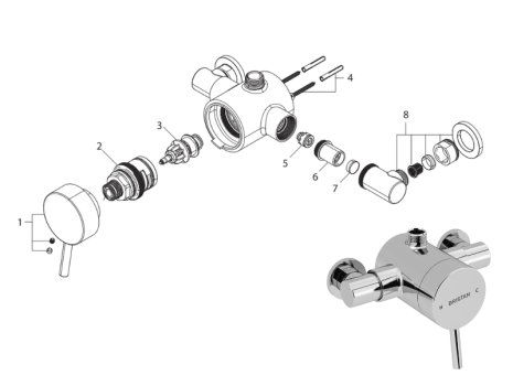 Bristan Prism Exposed Top Outlet Single Control Shower Valve - Chrome (PM2 SQSHXTVO C) spares breakdown diagram