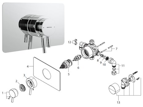 Bristan Prism thermostatic recessed dual control shower valve (PM2 CSHCVO C) spares breakdown diagram