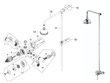 Bristan Regency Exposed Mini Valve Shower With Rigid Riser (R2 SHXRR C) spares breakdown diagram