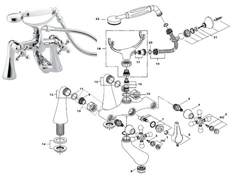 Bristan Regency bath shower mixer with tall pillars (R TBSM C) spares breakdown diagram