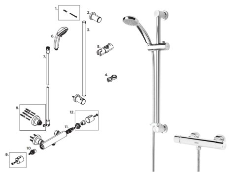 Bristan Thermostatic Bar Shower with Multi Function Handset (FZ SHXMMCTFF C) spares breakdown diagram