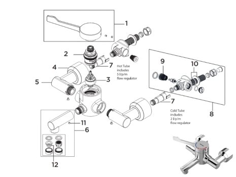 Bristan Thermostatic Wall Mount TMV3 Hospital Basin Mixer Tap - Chrome (H64WMT2) spares breakdown diagram