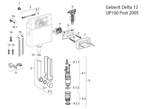 Geberit Delta 12 - UP100 - post 2005 spares breakdown diagram