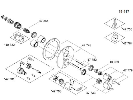 Grohe Auto 2000 special Grotherm 2 way diverter (19417000) spares breakdown diagram