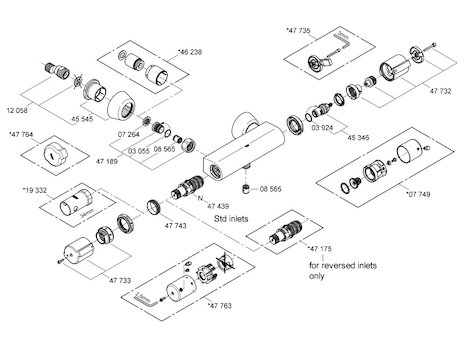 Grohe Grohtherm Auto 2000 Special bar mixer shower (34205000) spares breakdown diagram