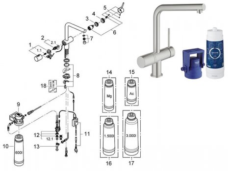 Grohe Blue Pure Minta (31345DC2) spares breakdown diagram