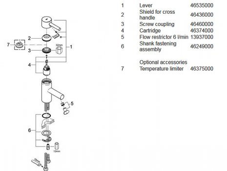 Grohe Essence basin mixer tap 1/2" S-Size (34294000) spares breakdown diagram