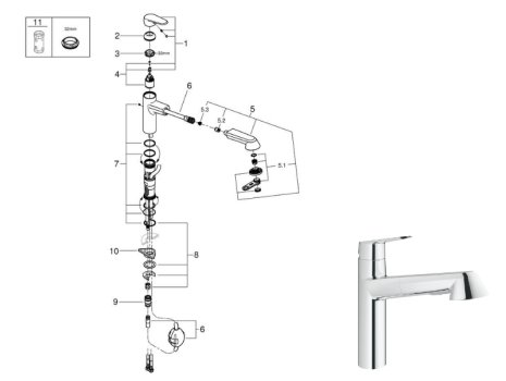 Grohe Eurodisc Cosmopolitan Single Lever Sink Mixer - Chrome (32257002) spares breakdown diagram