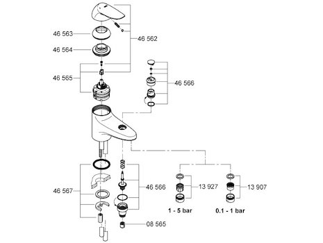 Grohe Eurodisc monobloc single lever bath/shower mixer tap HP/LP (33358000) spares breakdown diagram