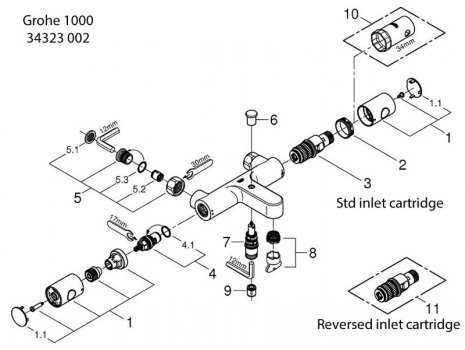 Grohe Grohtherm 1000 Cosmopolitan M Thermostatic bath/shower mixer 1/2" (34323002) spares breakdown diagram