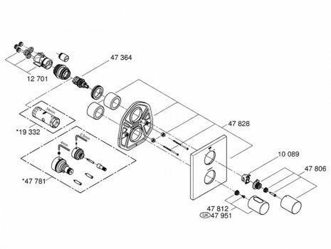 Grohe Grohtherm 3000 Cosmopolitan trim set - with 2 way diverter (19567000) spares breakdown diagram