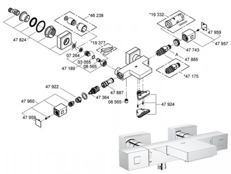 Grohe Grohtherm Cube bath/shower mixer (34508000) spares breakdown diagram