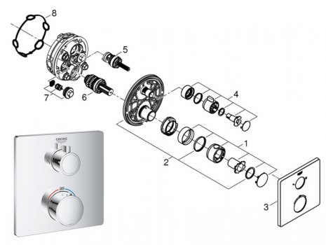 Grohe Grohtherm square shower mixer for 2 outlets with integrated shut off/diverter (24079000) spares breakdown diagram