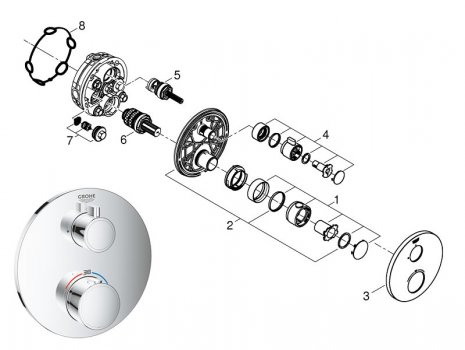 Grohe Grohtherm thermostatic mixer for 1 outlet with shut off valve - round (24075000) spares breakdown diagram