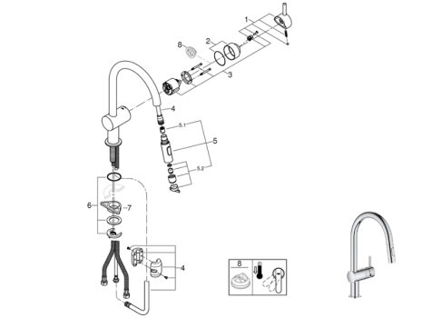 Grohe Minta Single-Lever Sink Mixer - Chrome (30348001) spares breakdown diagram