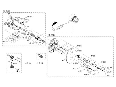 Grohe Taron mixer shower (19658000) spares breakdown diagram