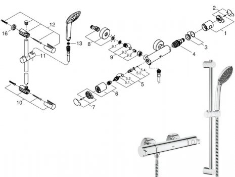 Grohe Wave Cosmopolitan bar shower mixer (34537000) spares breakdown diagram