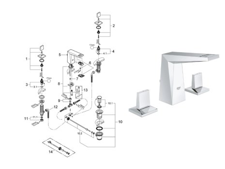 Grohe Allure Brilliant 141mm 3-hole basin mixer tap - chrome (20342000) spares breakdown diagram
