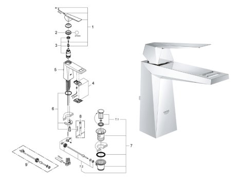 Grohe Allure Brilliant top lever basin mixer tap 1/2" - chrome (23029000) spares breakdown diagram