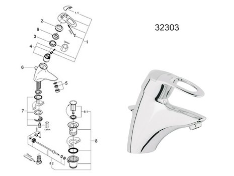 Grohe Chiara mono basin mixer - chrome (32303000) spares breakdown diagram