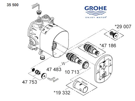 Grohe Rapido T universal thermostatic mixer valve (35500000) spares breakdown diagram
